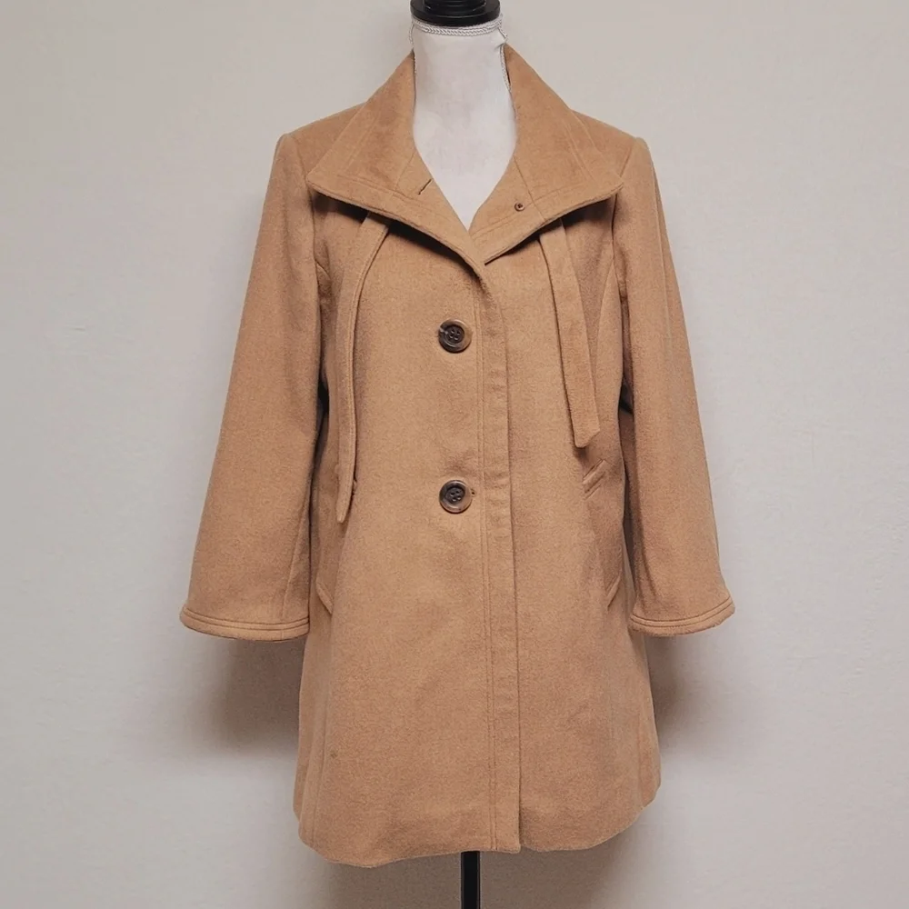 Retro Y2K J. Crew Carrie Caramel Wool Cashmere Flared Hem Standing Collar Coat - Picture 13 of 16
